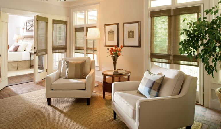 Neutral toned living room with shades